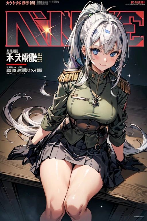 NSFW,1girl,Anime girl with white hair and bunny ears, Red eyes, Shy blush,smile,,Nuns,skirt lift,Special forces equipment,army vest,Modest chest,full Art,Character portrait,White small panties(Rabbit logo), pussy juice,Gun in hand