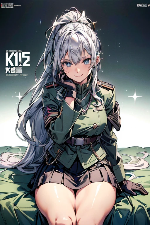 (from below:1.2),((1girl, silver hair, long hair, qutel blue eyes, beautiful eyes, pretty smile:1.5, ),1girl, leaning forward, hand on face, sitting on throne, from above, smiling, green hair, ponytail, jewelry, necklace, earrings, long hair, gloves, cropped jacket, fur trim, purple jacket, armored breastplate, armored skirt, multicolored hair, streaked hair, gradient hair, beautiful composition, cinematic lighting, extremely detailed, 8k, cinematic postprocessing, Maximum Facial Detail, Maxi,tokiame(military magazine cover:1.3),(with sparkling eyes and a contagious smile),her thin pubic hair:1.2, looking at viewer
