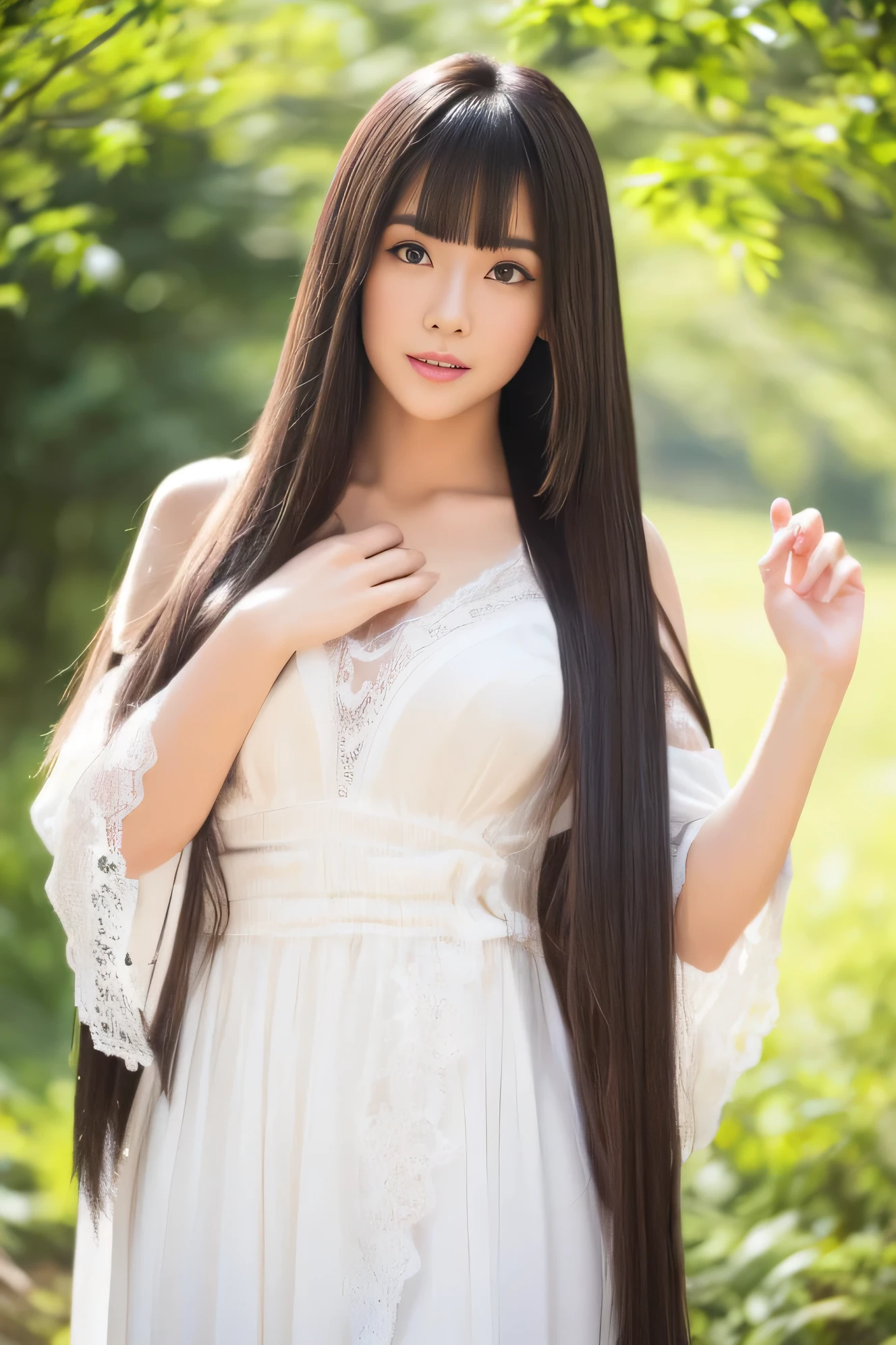 　((Full Shot:1.3))　(big 1.4)　((highest quality)), ((masterpiece)), (Get used to it), Perfect Face　(1 girl)　(Japanese)　(She is 24 years old、The most beautiful fantasy girls in Japan)　((highest quality)), ((masterpiece))　((Her incredibly straight, waist-length, high quality hair is very shiny and glossy and has a lot of volume and shine. Her hair is a deep black.))　(Her bangs are beautiful and lush:1.3)　(She has perfect beautiful makeup　Lipstick is light red　Ilaner is a beautiful black)　Anatomically correct hand　Thin fingers　Anatomically correct five fingers　Beautiful Japanese girl face, (Long Hair shiny Long Hair, length, Shiny Thick black hair, length, Her hair is long and straight, Super Long Hair girl, Silky Hair, Silky Hair, length, Flat Hair, Silky texture, Long Hair, length, Flowing, Thick black hair, thin and shiny hair)　Anatomically correct、White beautiful human skin and detail of hands and fingers　Beautiful Eyes　Mouth Details　the corners of the mouth rise slightly　Cool look　　(The eyebrows are dark brown in color)　　(She is wearing a fantasy pure white lace gown dress and healing spellcaster gear...:1.5　She is wearing a gorgeous white Victorian dress:1.I&#39;wear 5..)　(This is a forest in a fantasy world.:1.5)　(She has a healing wand、Posing as if casting a healing spell:2.2)　(Open your mouth:1.3)　(She turns to the viewer and smiles sweetly..)