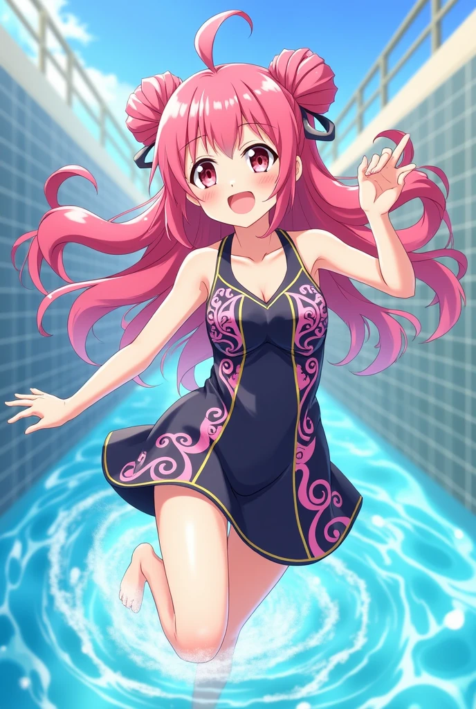 best quality, very aesthetic, Super detailed, best illustration, 1girl, one-piece swimsuit, bangs, pink_hair, blunt_bangs, hair_ornament, butterfly_hair_ornament, ribbon, black_ribbon, blue_eyes, blush, hair_ribbon, twintails, long_hair, nino, full_body, smile
