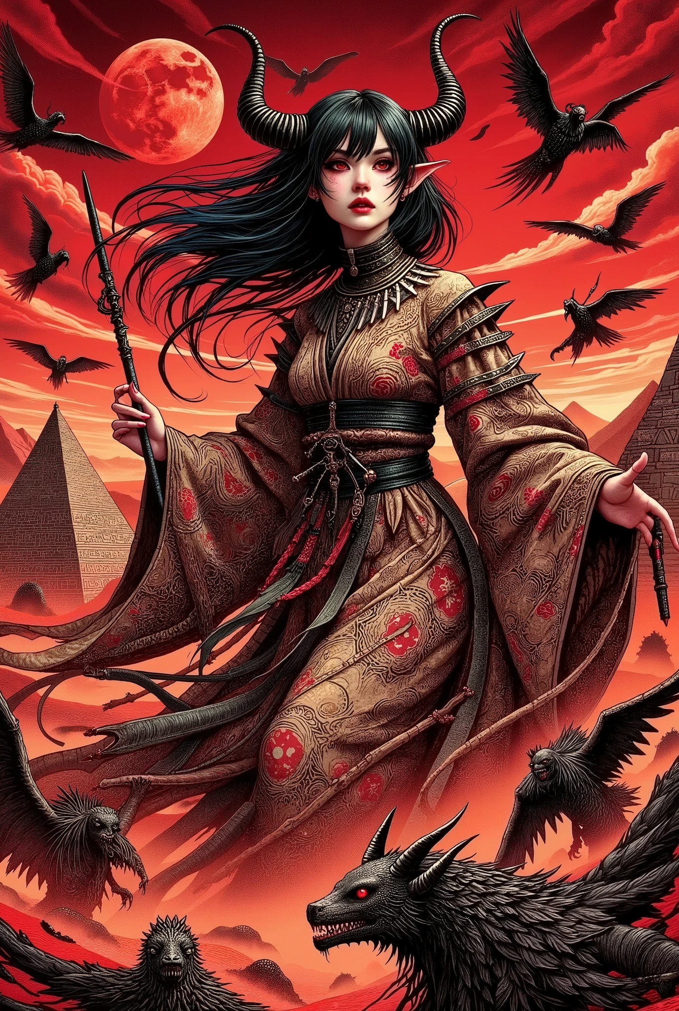(Ultra-detailed face, Looking away, Gothic Illustration, Dark tone colors.), BREAK
(A red night sky with a black moon rising. A sandstorm is blowing. Ancient stone temple ruins in the style of Byzantine architecture. A female desert demoness in a Japanese Heian period kimono is ascending the long stone steps of the temple, which rises high into the sky. Perspective looking down on the female devil from above.), BREAK
(The desert she-devil wears a Japanese Heian period kimono. She is holding a spear in her hand and waving it widely and horizontally as she holds it up to the heavens, blessing the army of desert monsters on the ground.)
