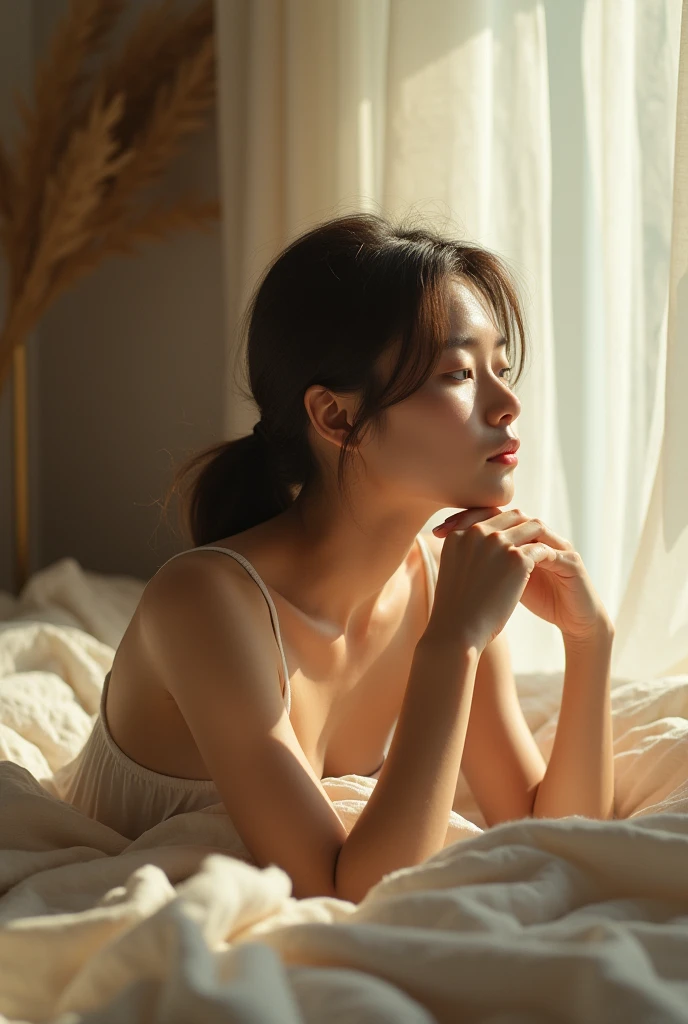 Create a cinematic 8k image of A vibrant image of a young beautiful woman in morning bed she is thinking 