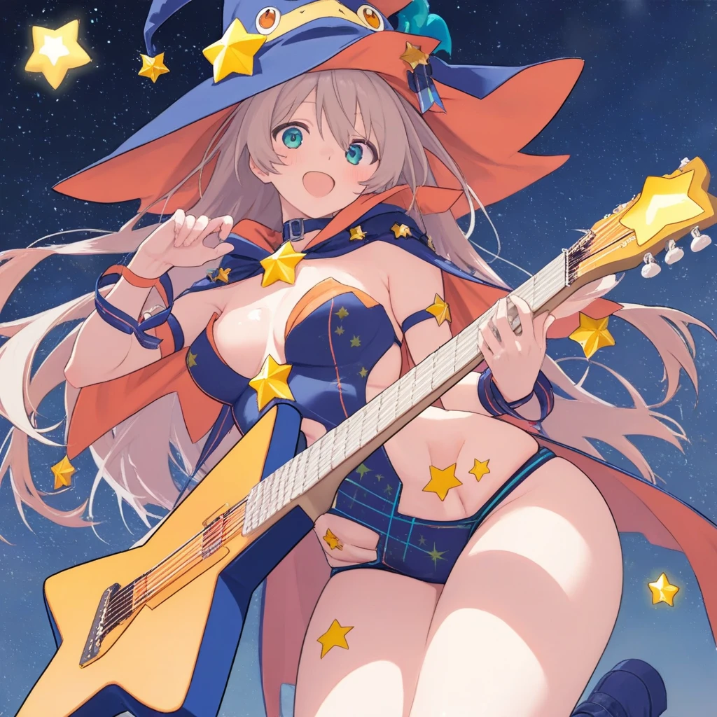1girl\(witch (flying on a guitar\(body shape star\):1.4)\),masterpiece,best quality