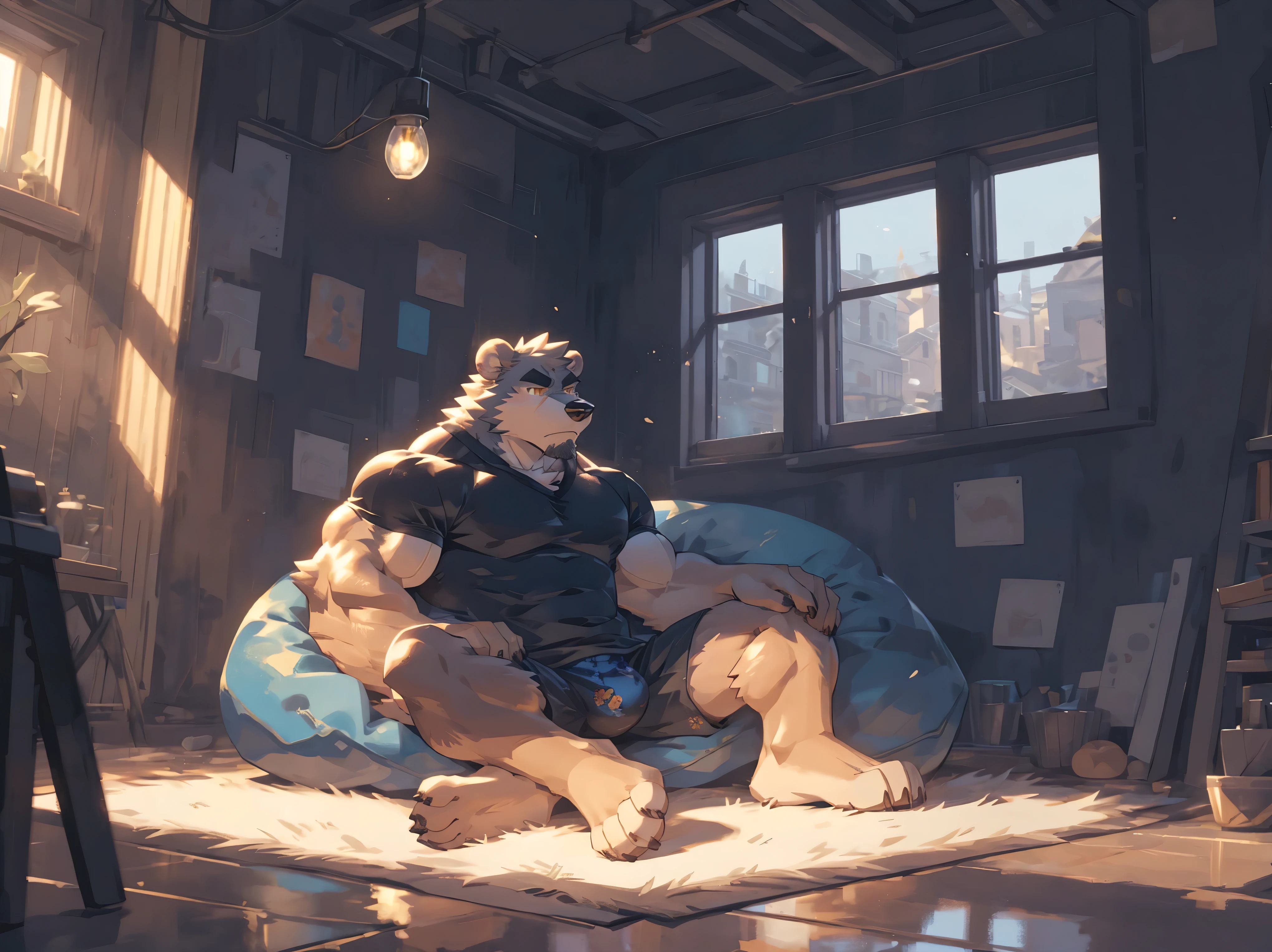 (masterpiece:1.2), best quality,pixiv,official art,perfect anatomy, (Ray tracing, light),solo, (1_male:1.3) , (muscle), (grey fur:1.4), (muscle bear), (beard:1.2), (gleaming golden eyes), bear tail, Thick black eyebrows, (open hooded parka) , (naked inside:1.2), cargo shorts, socks, (mordenapartment: 1.3), indoor , fur carpet , cushion , rest on sofa