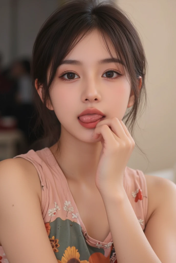 a close up of a woman with long hair and a brown shirt, ulzzang, jaeyeon nam, pale round face, girl cute-fine-face, perfect face ), jinyoung shin, milky white skin, heonhwa choe, gongbi, reluvy5213, sakimichan, with small nose