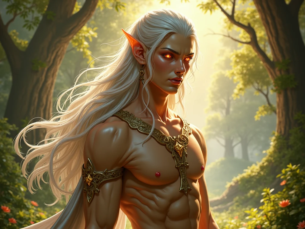 Create a male half-elf druid character, with white hair and golden eyes, on your skin the marks of the elements of nature, not so serious and slightly ugly face