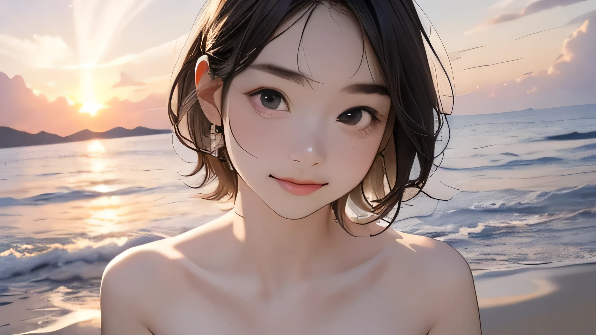 one girl, (12years old:1.4),(Very Young Face),(Japanese famous idol), cute face, ash gray hair:1.5, bob hair, short hair, camera's line of sight, small breasts, An ennui look, (complete Nude:1.8) , particles of light, sea of ​​sunset, calm sea, white sand beach, very beautiful sunset, RAW photo, highest quality, High resolution, High resolution, masterpiece:1.3, 8k, 12k, professional photographer,((Extremely precise and accurate anatomy:1.0)),Kind eyes,Graceful pose,(Beauty of form:1.4) Golden ratio, big eye,(nature's providence:1.4),