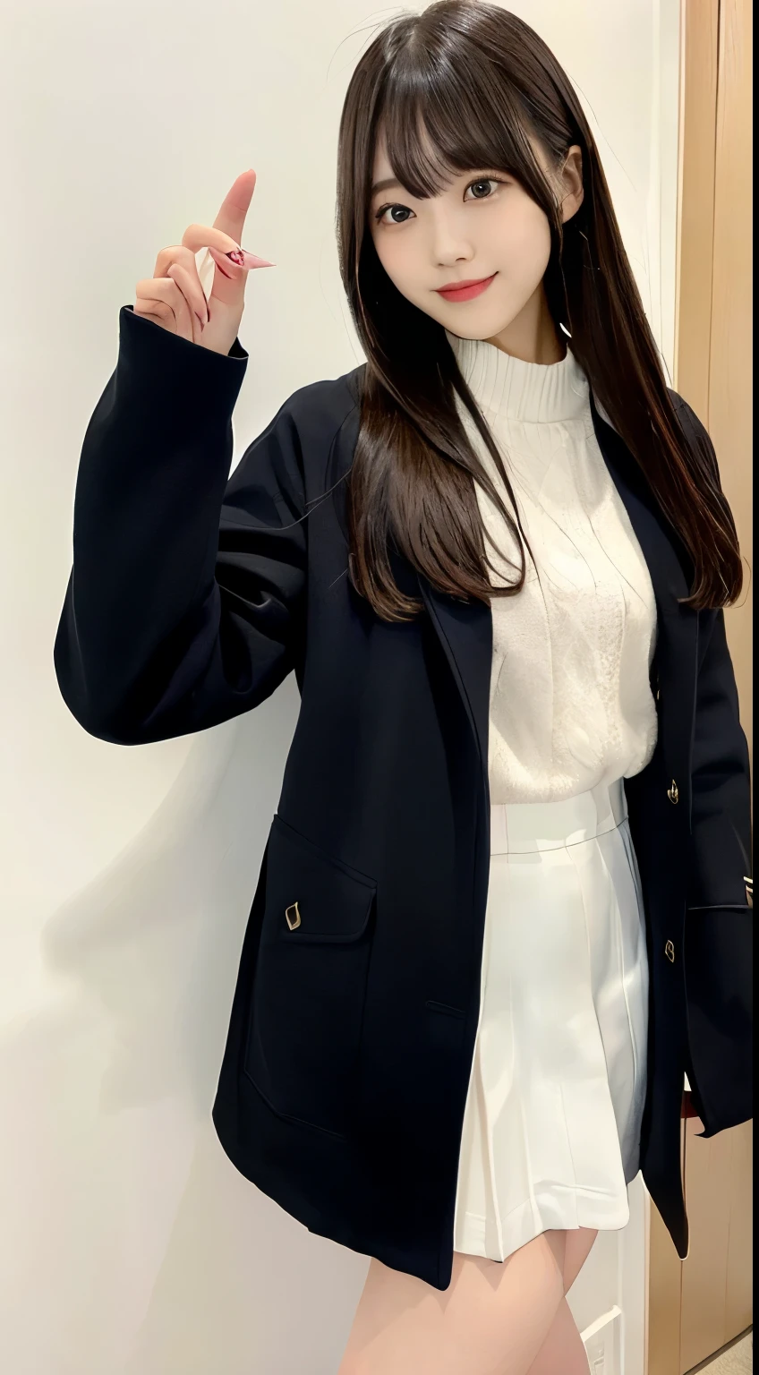 (8k, RAW photos, top quality, masterpiece: 1.2, ultra detailed, super resolution, real photos: 1.37), (Full body photo), 1 noble elegant Japanese lady, (standing contrapposte), winter season, ((black color coodinate, wearing over-size nouton coat, winter fluffy scarf, grey long skirt, legging, wearing long boots)), Shiny, Smile, Looks like 1.8 meters tall, large pelvis, Large breasts, big cuvy hips, Thin waist, Long legs, skin hyper-detail, 20 years old, Perfect face, (Detailed facial features), Wavy hair, Daylight, winter season, snazzy cafe,