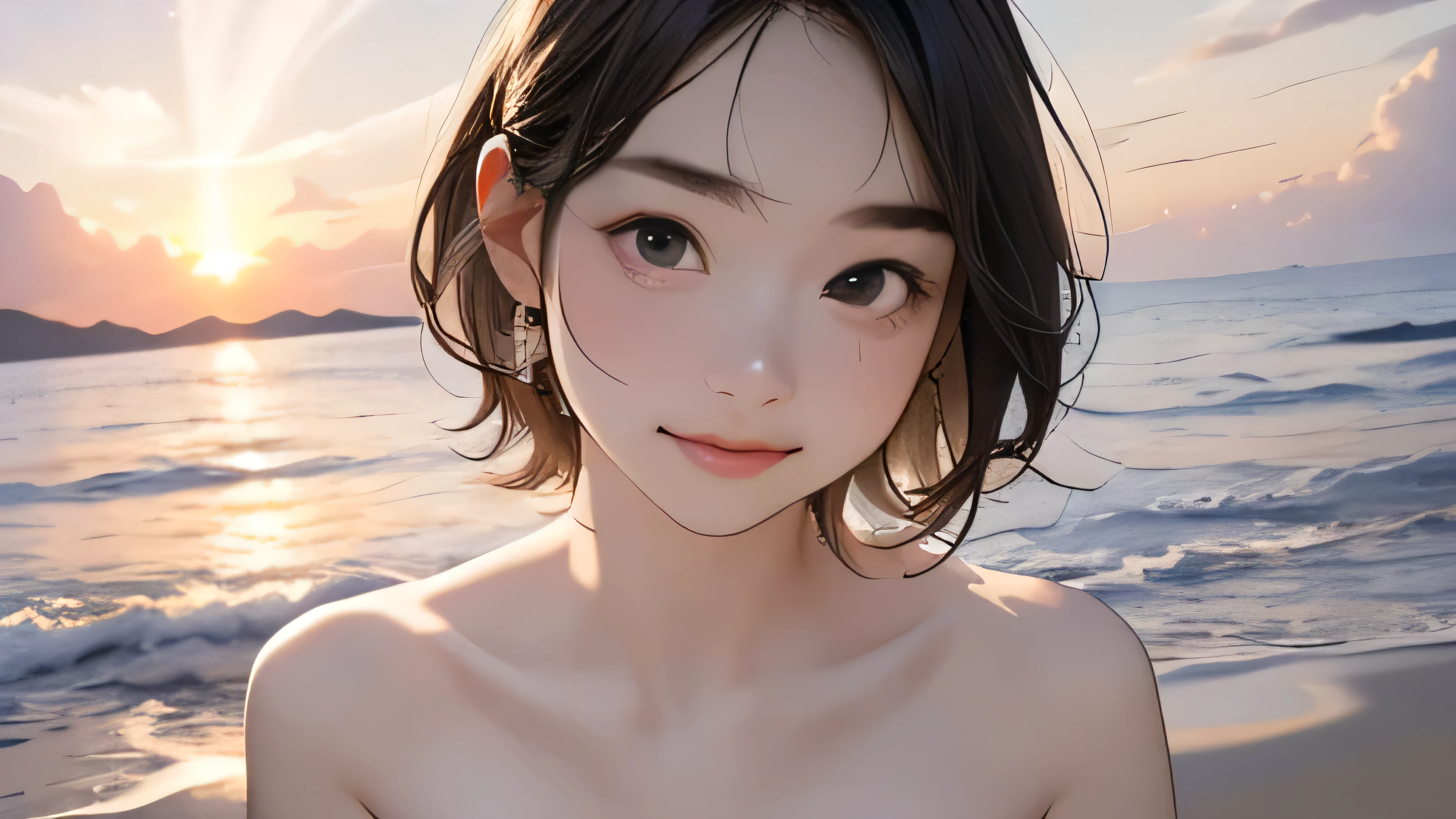 one girl, (12years old:1.4),(Very Young Face),(Japanese famous idol), cute face, ash gray hair:1.5, bob hair, short hair, camera's line of sight, small breasts, An ennui look, (complete Nude:1.8) , particles of light, sea of ​​sunset, calm sea, white sand beach, very beautiful sunset, RAW photo, highest quality, High resolution, High resolution, masterpiece:1.3, 8k, 12k, professional photographer,((Extremely precise and accurate anatomy:1.0)),Kind eyes,Graceful pose,(Beauty of form:1.4) Golden ratio, big eye,(nature's providence:1.4),