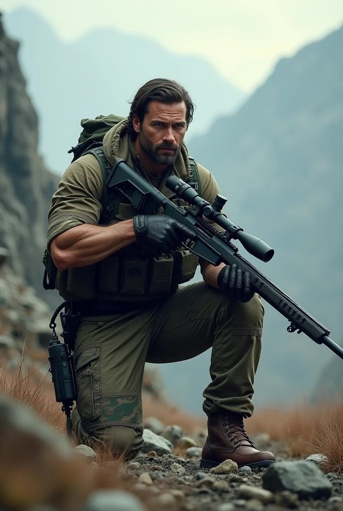 A muscular man named bushcampboyz hiding in a bush on top of a mountain while aiming at a dinosaur with a sniper rifle