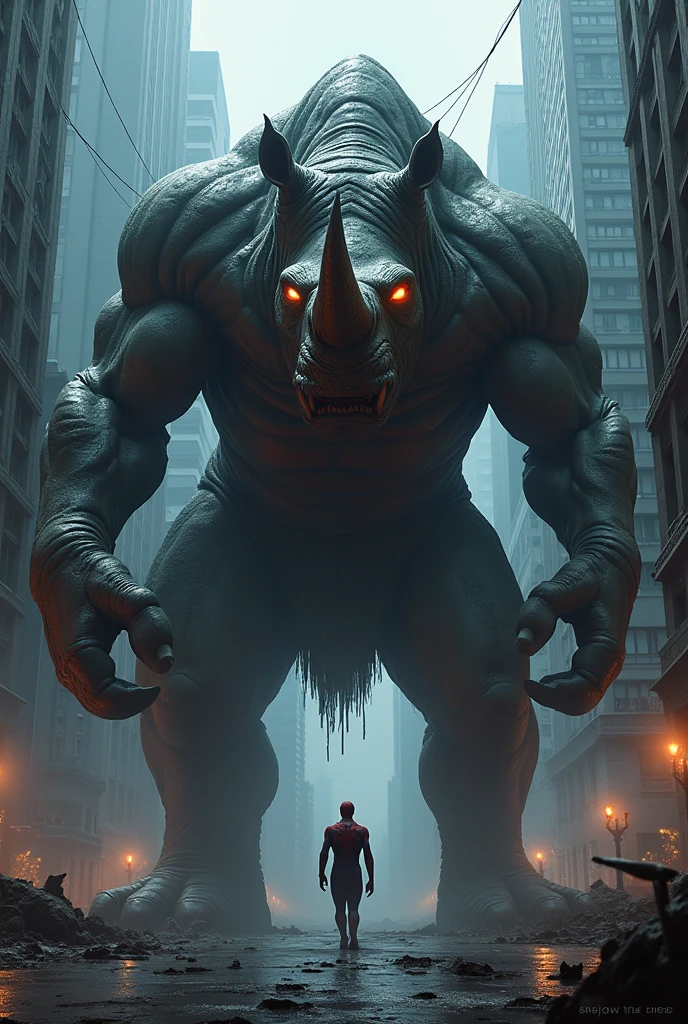 Bipedal half-rhinoceros, half-human creature causing destruction in the streets of a modern futuristic city while raining heavily. Some old men in gray uniforms scared and ducked, hiding.