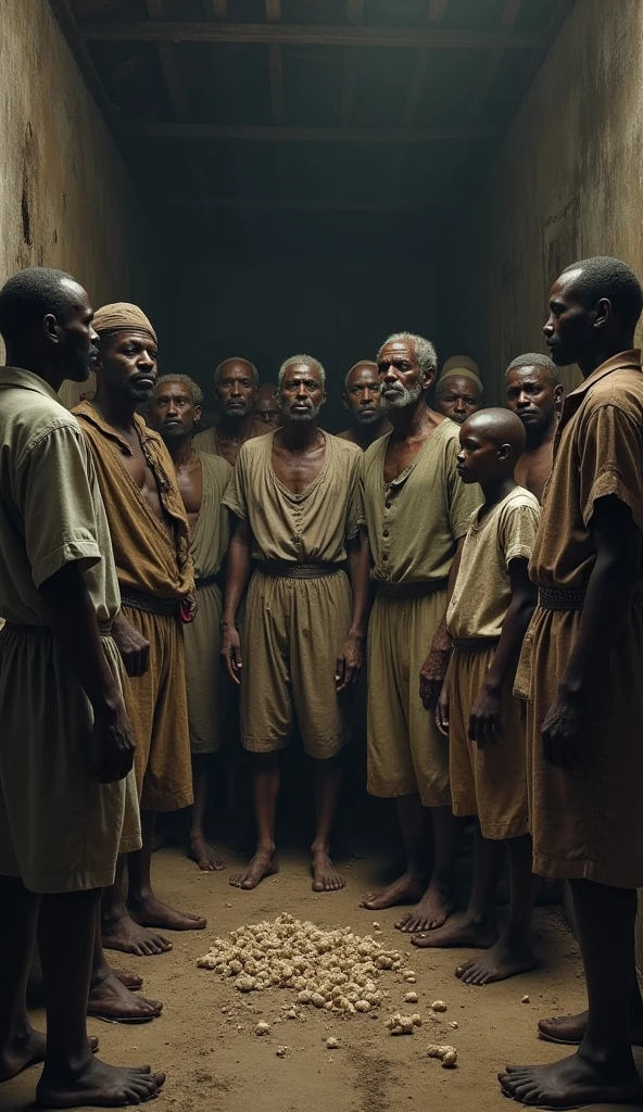 Five half-naked African slaves tied with wrought iron rope and chains, descendant un escalier, grandes souffrance, tristesse dans les yeux, corps entier nu, no clothe, pas de coiffe, cheveux noirs, Dynamic scene from the movie Amistad, looking at the 50mm camera, Realistic photo HD, Diffuse light, Rebel Republic Environment, , hyper detailed, Whole size