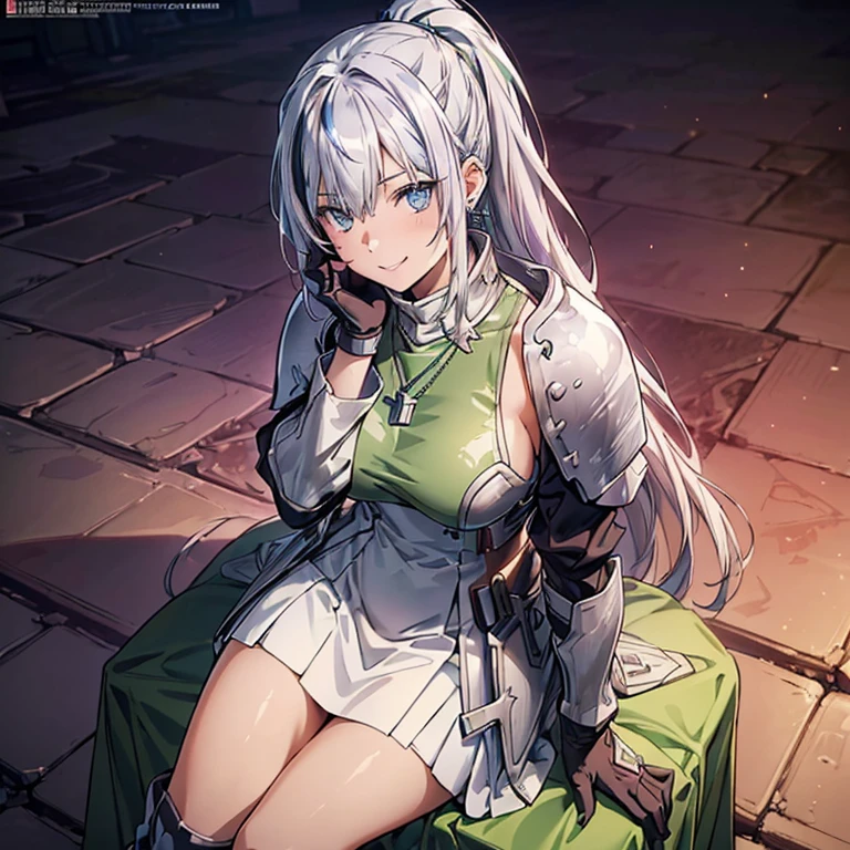 (from below:1.2),((1girl, silver hair, long hair, qutel blue eyes, beautiful eyes, pretty smile:1.5, ),1girl, leaning forward, hand on face, sitting on throne, from above, smiling, green hair, ponytail, jewelry, necklace, earrings, long hair, gloves, cropped jacket, fur trim, purple jacket, armored breastplate, armored skirt, multicolored hair, streaked hair, gradient hair, beautiful composition, cinematic lighting, extremely detailed, 8k, cinematic postprocessing, Maximum Facial Detail, Maxi,tokiame(military magazine cover:1.3),(with sparkling eyes and a contagious smile),her thin pubic hair:1.2, looking at viewer
