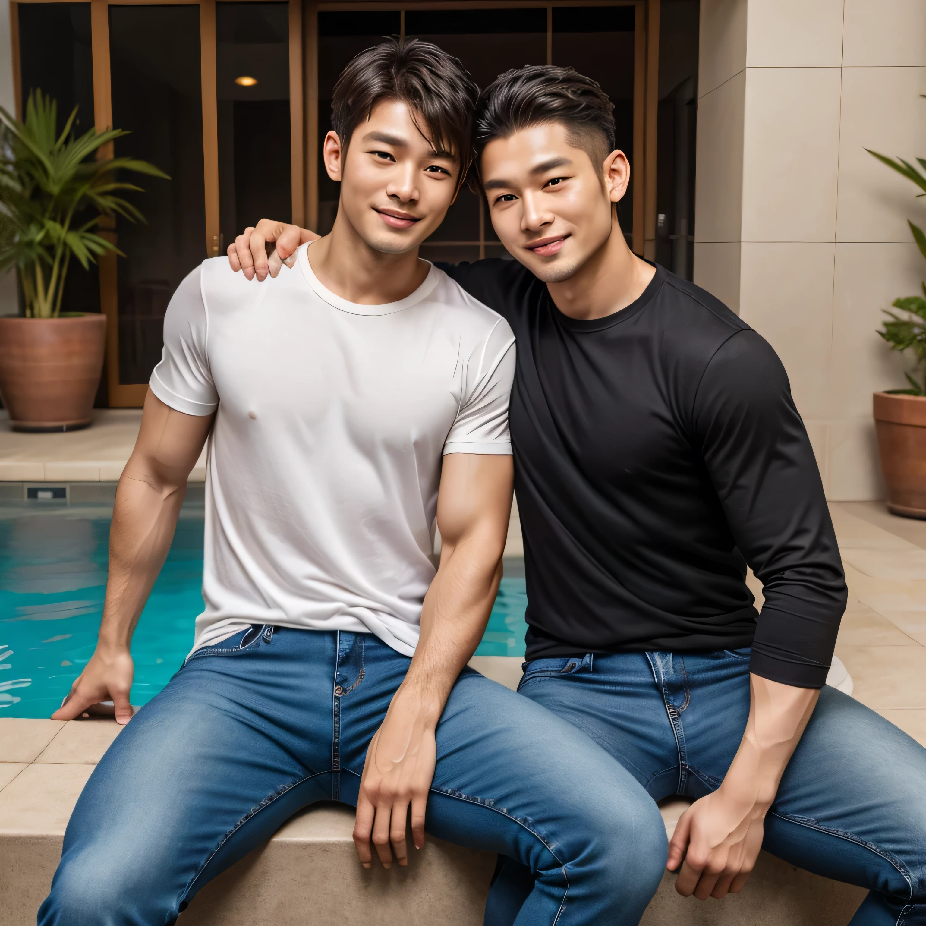 2 young handsome guys,twin,A light smile and fair skin,abdominal muscles, Muscular chest muscles, Swelling of chest muscles,hairy body,Unbuttoned short-sleeved floral shirt,Sexy and charming expression,blue eyes,Perfect hand details,standing in the garden,buoy,(Ultra-thin tight gauze shorts),(Big bag highlights),garden,ink flowers
