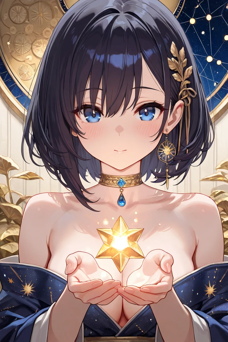 Even bangs、princess cut、black hair, bright eyes, naked, 光沢のあるnipple、(masterpiece),(highest quality:1.0), (ultra high resolution:1.0), Detail view, 8K, anime, masterpiece, brown eyes、nipple、provocative look Blushing wavy hair very big breasts Fair skin Very detailed breasts Very detailed eyes beautiful starry sky、grassland、thick eyebrows、I'm looking here、one girl,grasslandの背景、Blue sky、