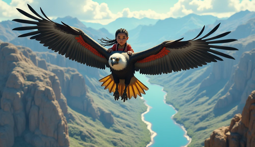 A small 8-year-old girl flies on the back of a giant multi-colored feathered Condor, The girl is his guide and tells him where to fly over the Colca Valley in Peru