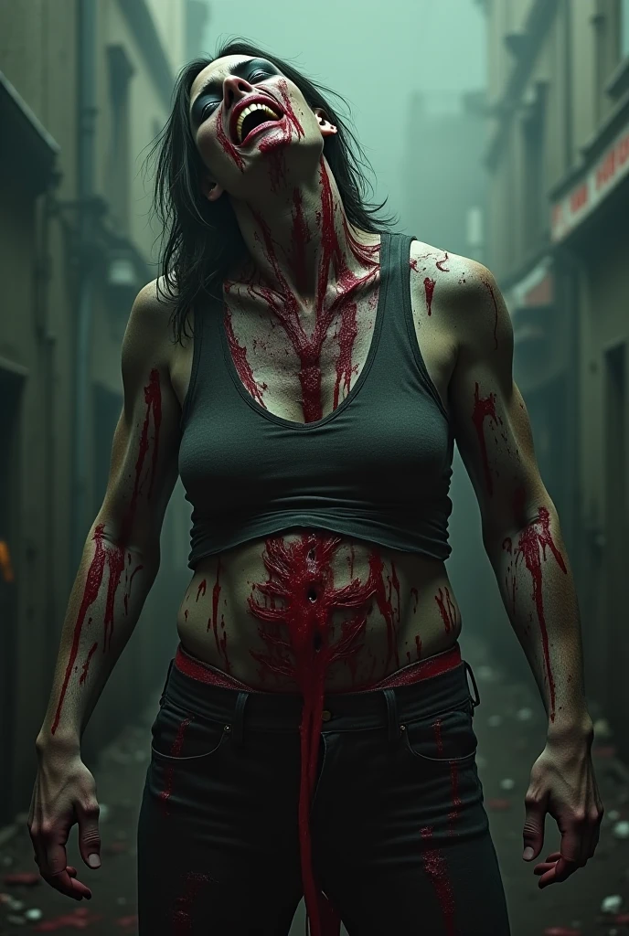 naked girl with dark medium curly hair, covered in blood and guts, standing in the rain on a city street, horror style