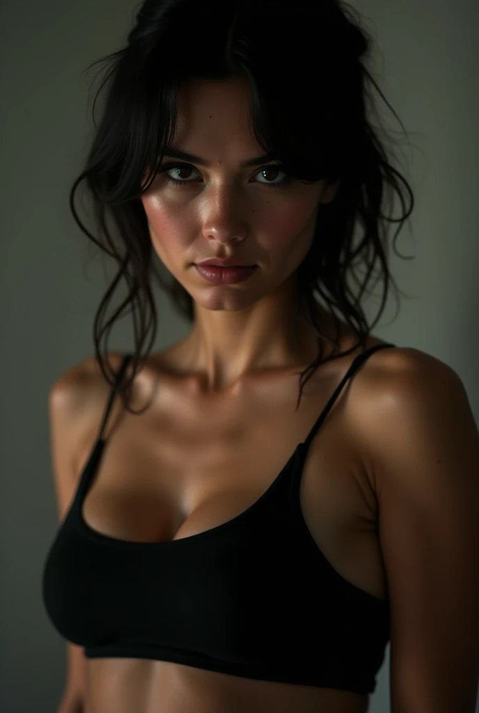 In a quiet gym environment, a brazilian woman doing yoga, wearing a revealing yoga outfit, with a close-up focused on the shape of her breasts and her concentration on the yoga poses, highlighting your inner peace and external beauty.