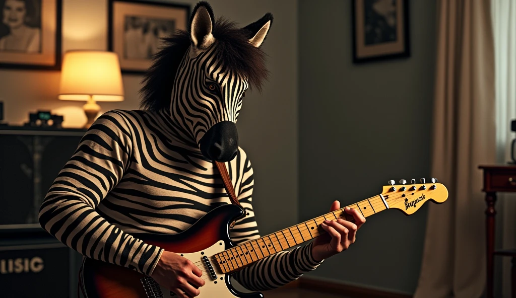 guitarist dressed as a zebra playing alone at home, With soundbox in the background