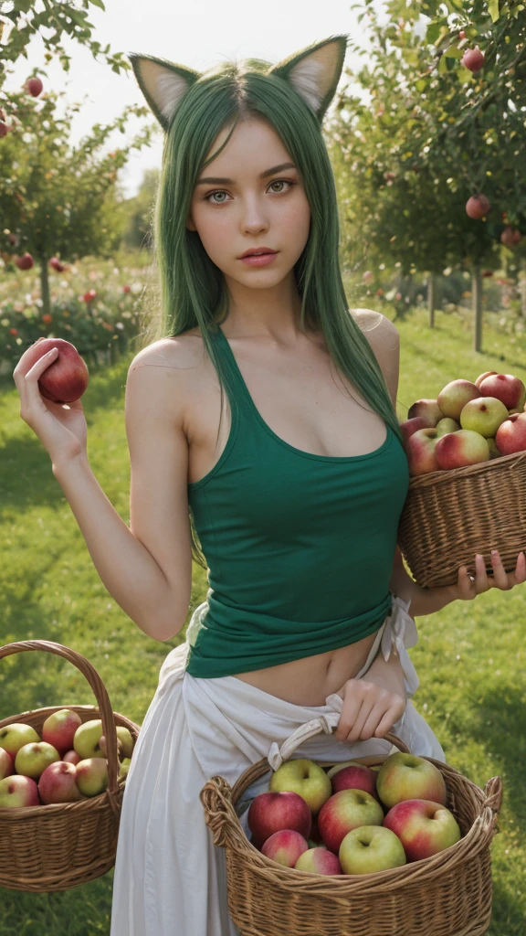 Nude, naked, (vsgina exposed), nipples, 1 Girl, Beautiful, Baby Face, 20 Years Old, White Skin, Huge Saggy Chests, Colossal Breasts, Pose, Cleavage, Bright Eye, Muscles:1.3, Outdoor, Bokeh:1.1, Drill Hair, Tied Hair, ((Apple Green Coloured Hair)), full body, standing