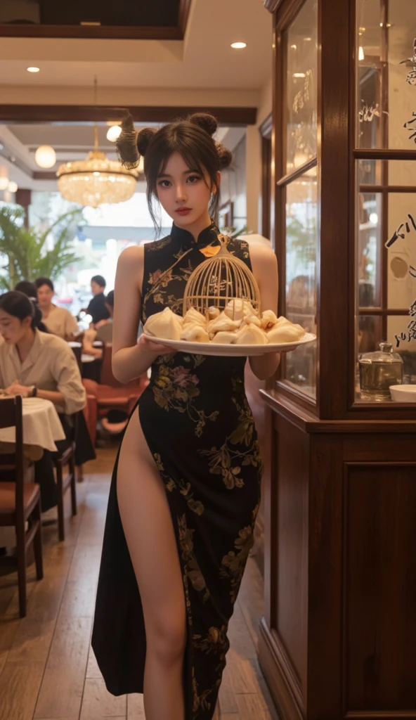 score_9, score_8_superior, score_7_superior,indoor, public,
One girl, China dress, Holding Tray,