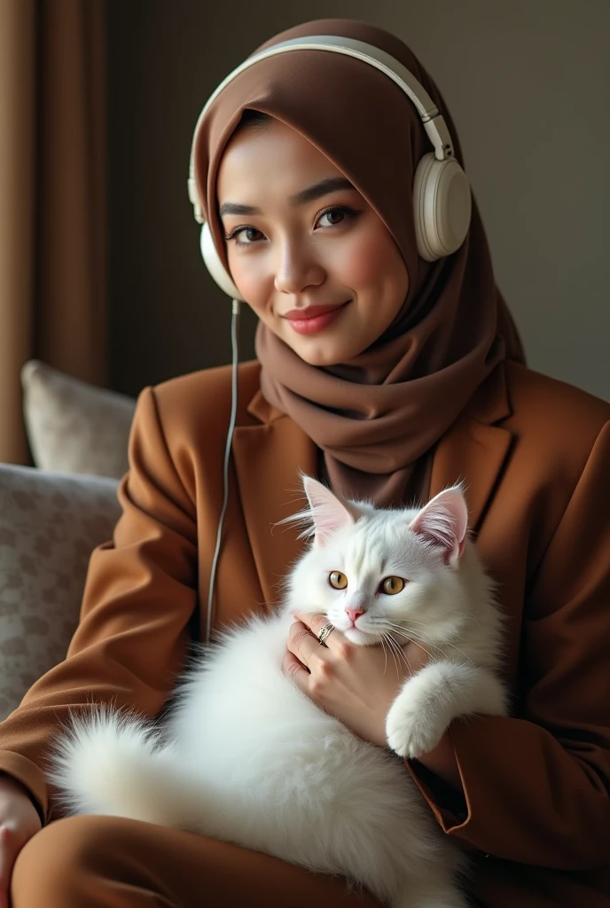 Beautiful Korean woman, white skin, well-groomed face, thin smile, wearing a red-orange hijab, red-orange knitted shirt, dark brown cargo pants, sitting on the sofa with a big white Angora cat, on the table there is an iPhone laptop, in the background, room Luxurious and very beautiful, looks authentic, real and realistic in photos