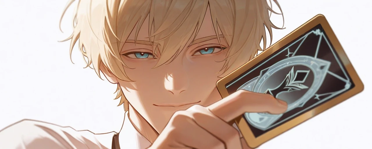 male, solo, grown up, handsome, light blonde hair, short hair, closed smile eyes, light smile, magician look, looking at viewer, empty white background, character in the center, holding one tarot card, showing his all face