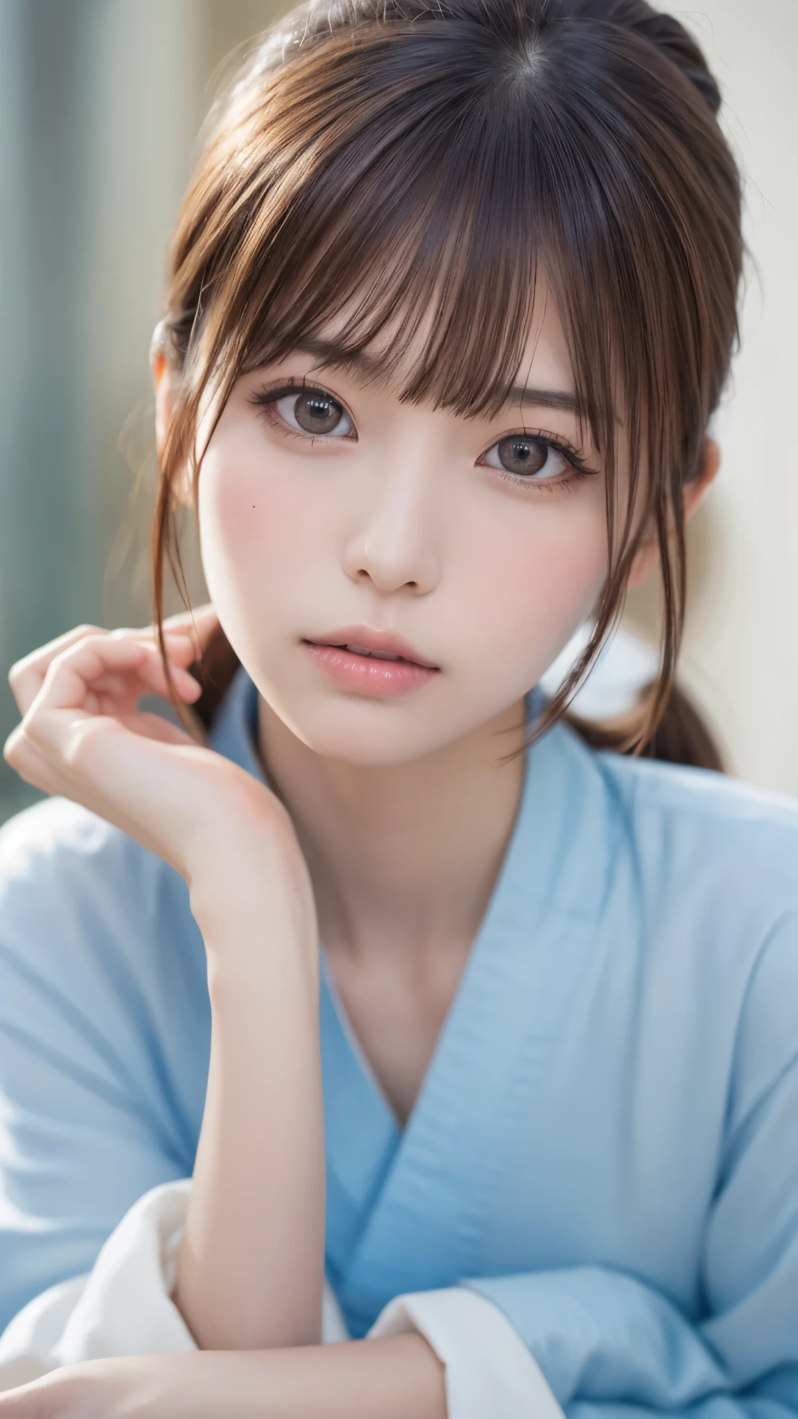  ((masterpiece,  best quality ,  high resolution)),  1 girl , ( realistic: 1.4), Alone, ,  Closed Her Mouth , A little brown hair,  ponytail,  big eyes,  transparent double eyelid , eyelash, Listen carefully, Long neck,   attractive proportions ,  shiny skin, Golden ratio face,  perfect face, bangs, 7：3 bangs,  lip gloss,  thin lips,  Blue Kimono ,Short length, plain kimono,