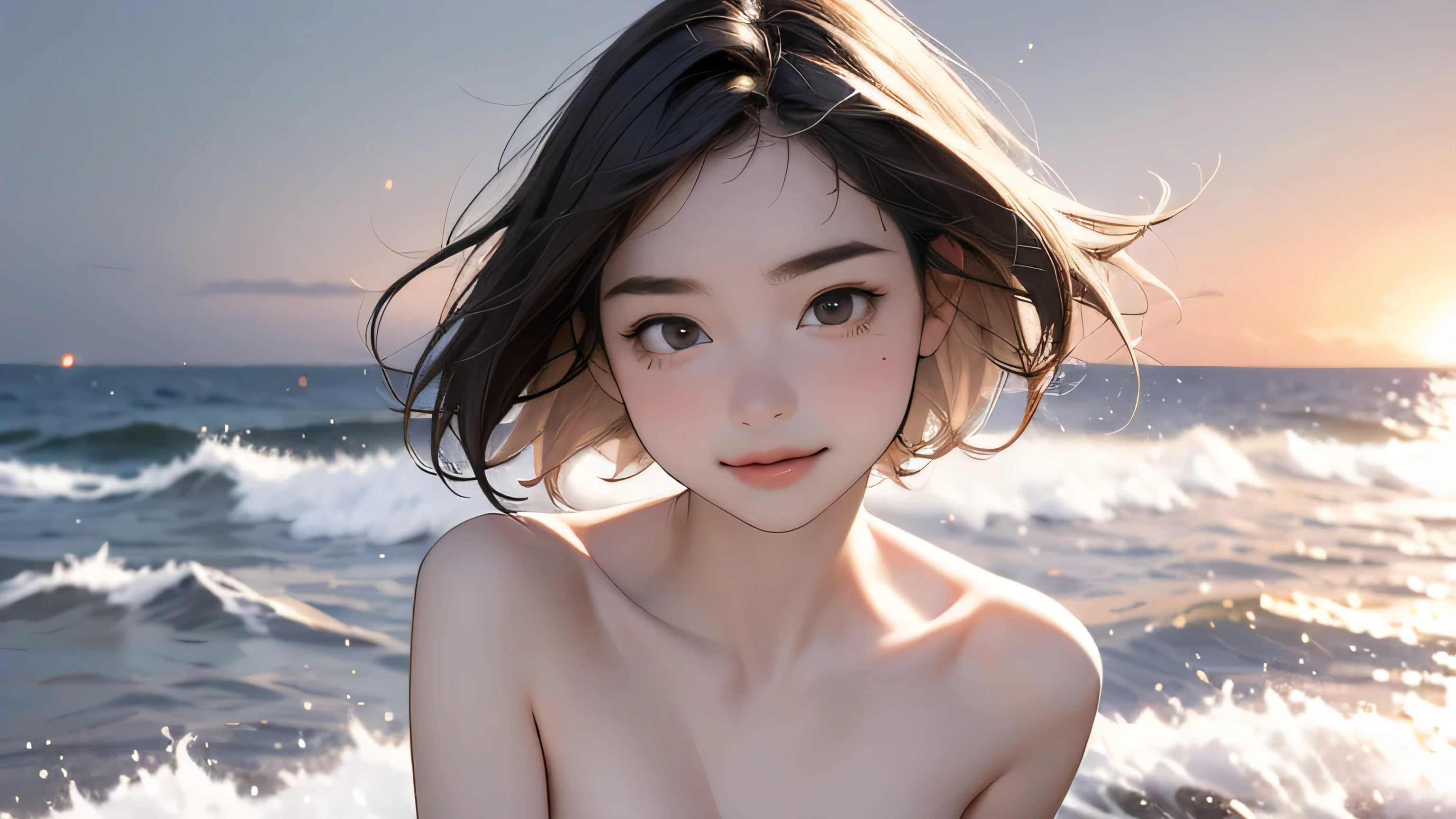 one girl, (12years old:1.4),(Very Young Face),(Japanese famous idol), cute face, ash gray hair:1.5, bob hair, short hair, camera's line of sight, small breasts, An ennui look, (complete Nude:1.8) , particles of light, sea of ​​sunset, calm sea, white sand beach, very beautiful sunset, RAW photo, highest quality, High resolution, High resolution, masterpiece:1.3, 8k, 12k, professional photographer,((Extremely precise and accurate anatomy:1.0)),Kind eyes,Graceful pose,(Beauty of form:1.4) Golden ratio, big eye,(nature's providence:1.4),