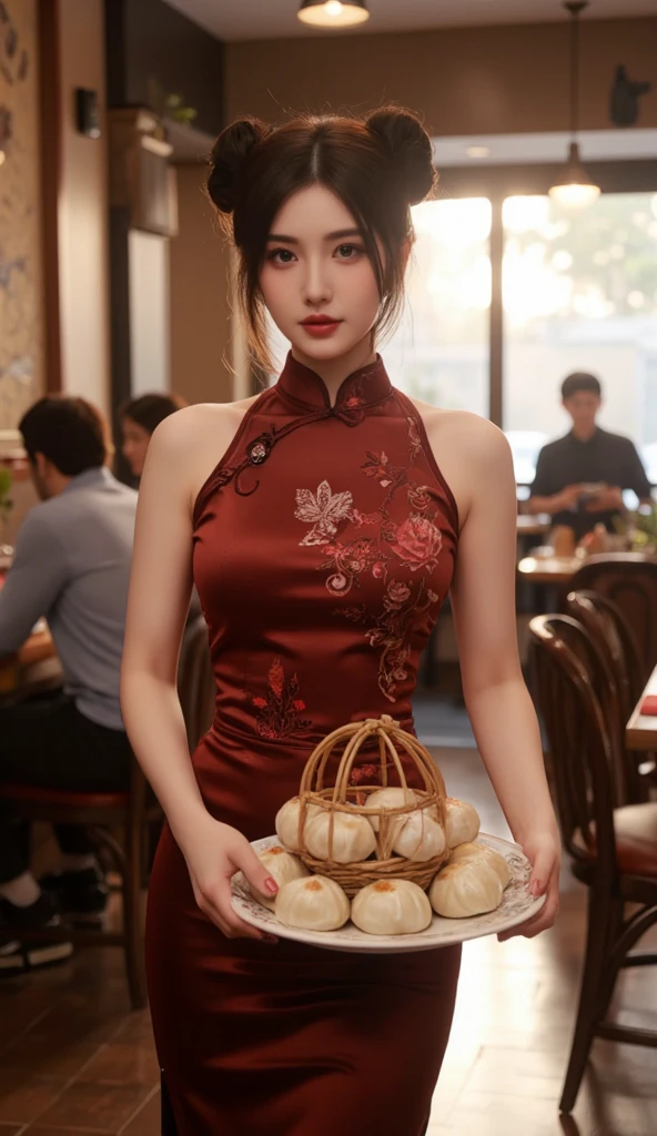 ((top-quality、masutepiece、8K、Top image quality、Hyper-Realism))、((女性1人、Employee at a high-end Chinese restaurant、she stands gracefully、she greets me、the most luxurious cheongsam、Chinese dress with intricate decoration))、women look at me、A slight smil、perfect anatomia、Dark red lipstick、large full breasts、Emphasize body lines、((The background is a gorgeous Chinese restaurant、Perfectly recreate the interior of a top-class Chinese restaurant、Gorgeous and intricate Chinese restaurant interior、Midnight、total darkness))