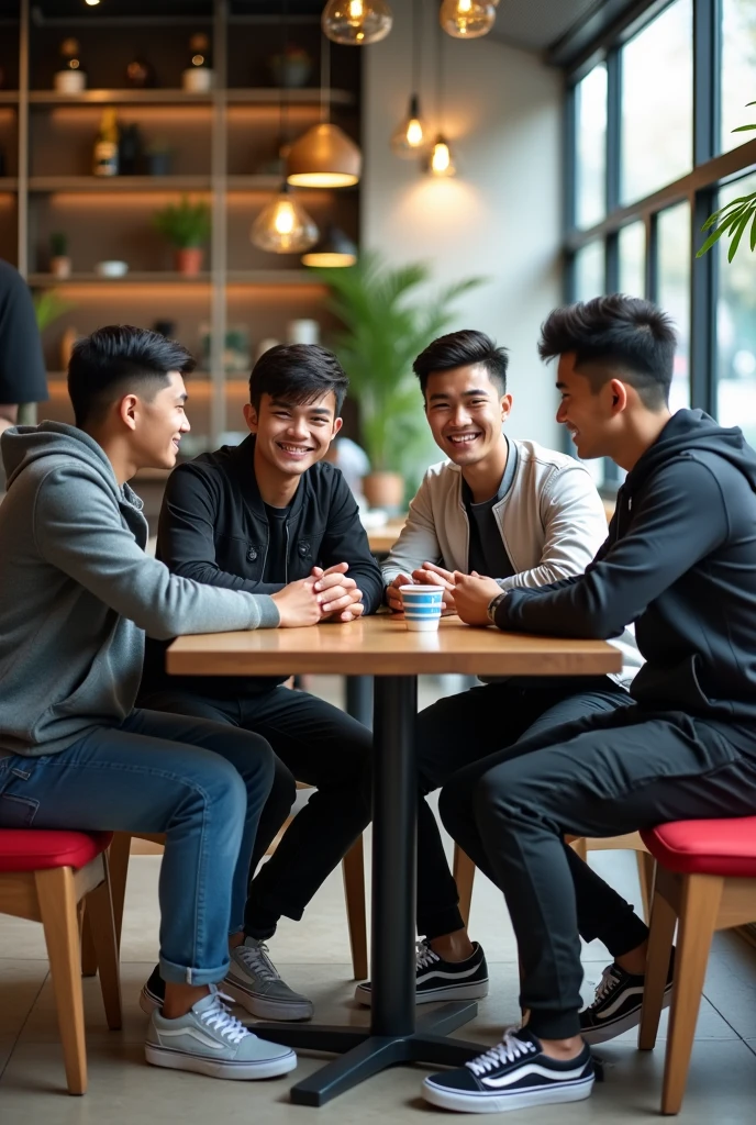 Create an image of a 20-year-old Indonesian man with a clean face, a 22-year-old beautiful Indonesian woman wearing a hijab and glasses, and another 20-year-old Indonesian man with a clean face. They are sitting together in a café. The scene should be detailed and realistic, with bright lighting and a cozy atmosphere. Ensure the image is hyper-detailed and rendered in 8k ultra sharp UHD.