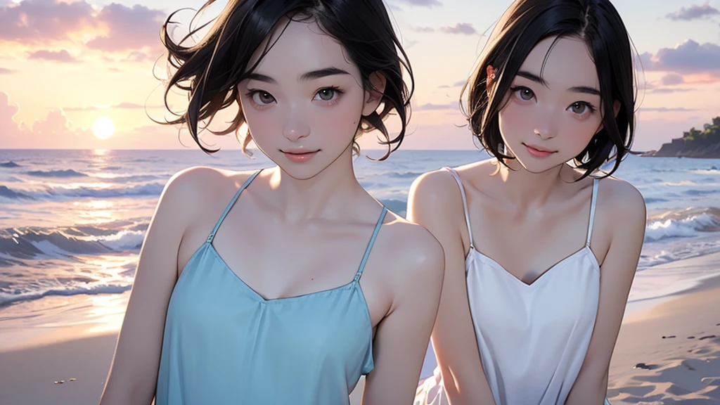 one girl, (12years old:1.4),(Very Young Face),(Japanese famous idol), cute face, ash gray hair:1.5, bob hair, short hair, camera's line of sight, small breasts, An ennui look, (((camisole, dress))) , particles of light, sea of ​​sunset, calm sea, white sand beach, very beautiful sunset, RAW photo, highest quality, High resolution, High resolution, masterpiece:1.3, 8k, 12k, professional photographer,((Extremely precise and accurate anatomy:1.0)),Kind eyes,Graceful pose,(Beauty of form:1.4) Golden ratio, big eye,(nature's providence:1.4),