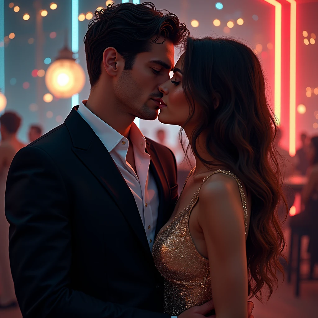 The picture shows a couple: 1 man (A tall handsome, statuesque, courageous adult man with green eyes, tanned skin, long curly copper-red hair), sitting at a table in a restaurant with 1 woman (an incredibly handsome young femme fatale brunette, she has blue eyes, short black hair). They're in love.