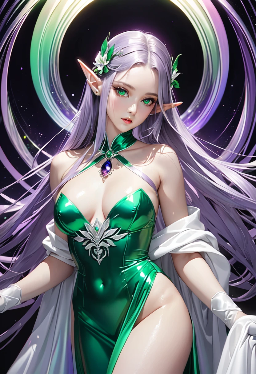 a portrait of a elf girl with freckles and bright striking blue eyes posing for a photo,full body, bare shoulders, muscular, fit, defined abs, thongs, (prominent cameltoe) white freckles, long flowing green hair flying, glowing radiance, beautiful pale makeup, color portrait, stunning portrait, elegant freckles, wearing black thongs with glowing runes of power, black gloves, star-shine, gold dust spread across her skin and her face, (dark, hyper-realistic photos (((portrait))) refraction ,Dark background of magical night forest, deep woods, towering ruins, starlight skies