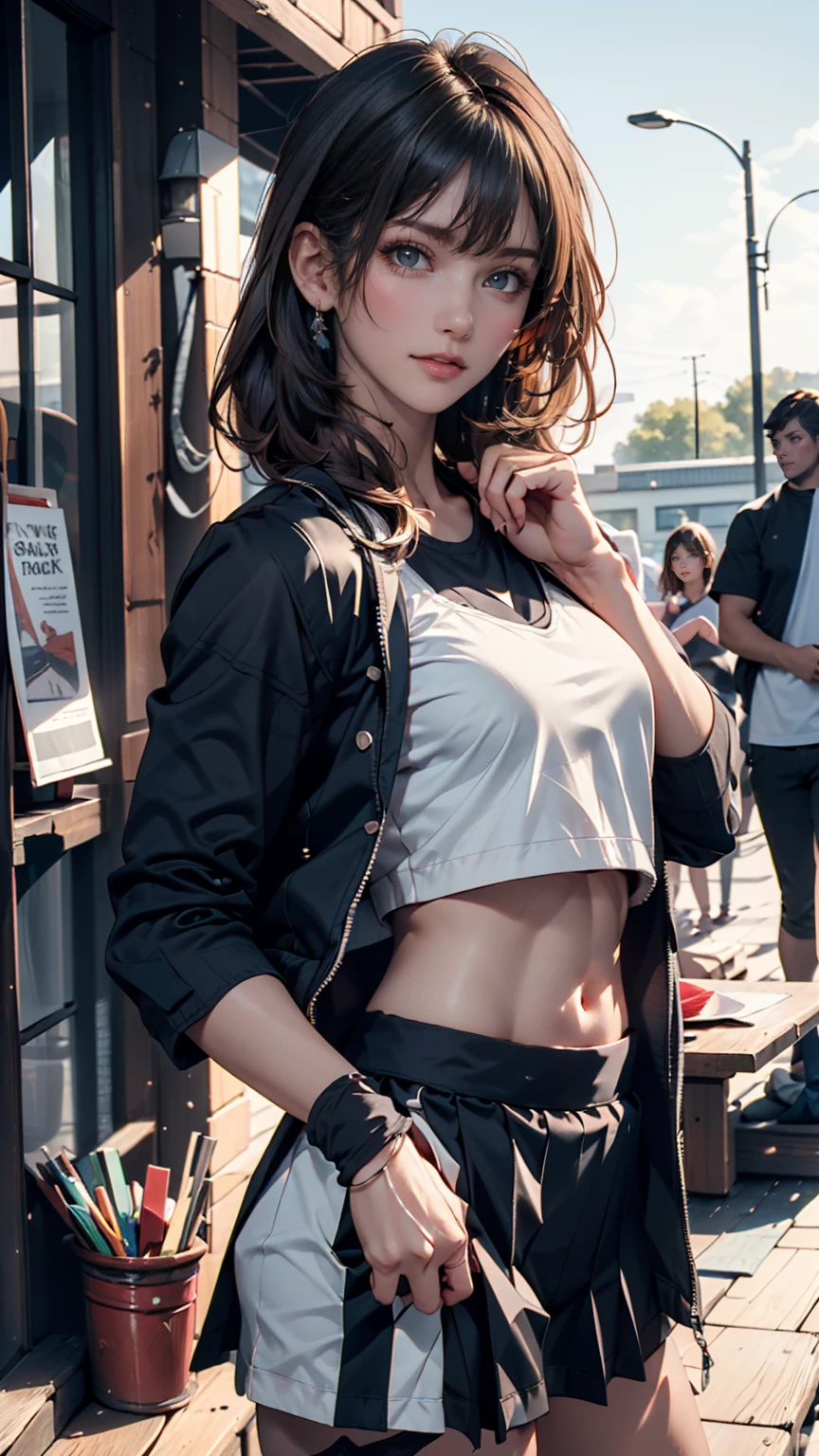 highest quality, Ultra-high resolution, (Realistic:1.4), One girl, A loose, oversized black jacket, White sports bra, (Yoga pants:1), (Light brown hair:1.2), View Viewer, smile, , street,Urban,(Slender and beautiful girl)、(Small waist)、(Mid-chest:1.2)、Wide angle