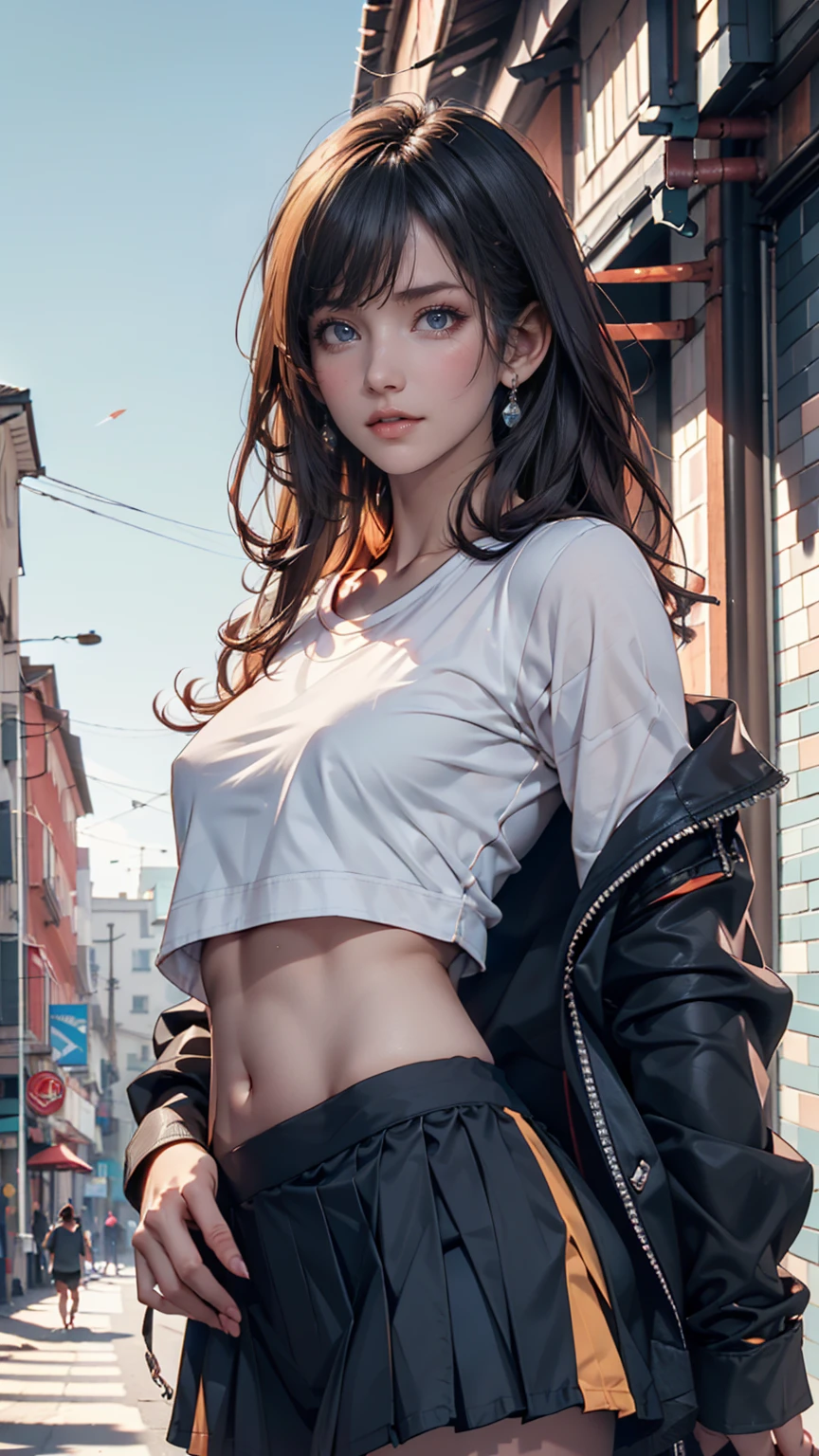absurdres, RAW photo, extremely delicate and beautiful, masterpiece, Best Quality, ultra high resolution, 32k, hyperrealistic, ultra-detailed, perfect anatomy, anatomically correct, perfect figure, super Detailed skin, pale skin, 20 years old, very Slim body, narrow waist, very small head, very small face, delicate facial features, detailed face, detailed eyes, tearful mole, earring, thin legs, bare legs, very huge round breasts, short medium hair, ((wavy hair)), wet clothes, tight skirt, cropped T-shirt, Leaning against wall, arms up behind,