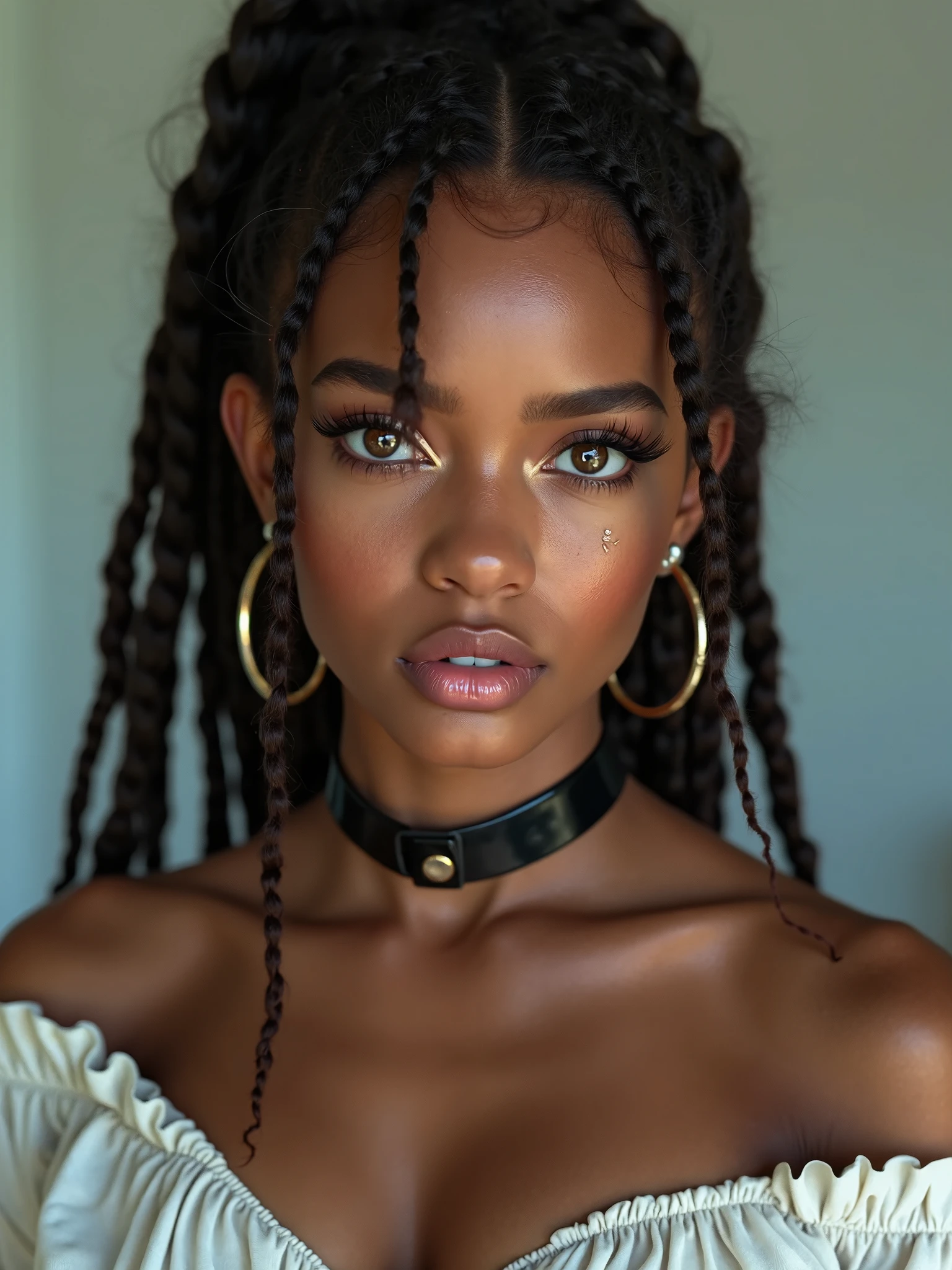 technological, advertising poster. Close-up, a modern dark-skinned girl, with neatly laid Afro braids on her head, looks into the future, with a virtual reality device in front of her eyes. Light blue background, advertising of a high-tech product. Digital technologies, virtual reality, network services. Beautiful girl close-up, in virtual space. Highest quality, 16 K. FUL SD, cinematic rendering., brown hair, dreadlocks, light smile, Surrealism, Futurism, Romanticism, ray tracing, backlighting, bloom, High quality