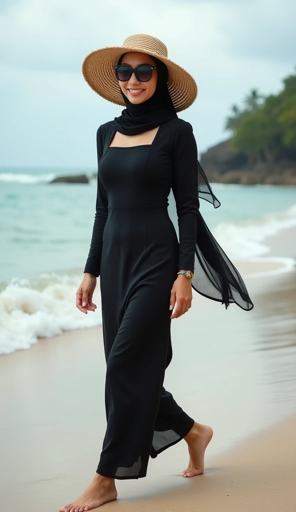 long black dress shaping body, hands on waist, hijab, hot face, soft smile, lipstick, beach, windy weather, backside view