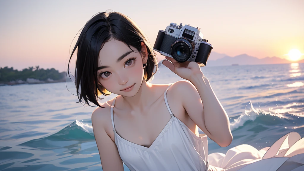 (Solo:1.4),(one girl:1.4), (12years old:1.4),(Very Young Face),(Japanese famous idol), cute face, ash gray hair:1.5, bob hair, short hair, camera's line of sight, small breasts, An ennui look, (((camisole, dress))) , particles of light, sea of ​​sunset, calm sea, white sand beach, very beautiful sunset, RAW photo, highest quality, High resolution, High resolution, masterpiece:1.3, 8k, 12k, professional photographer,((Extremely precise and accurate anatomy:1.0)),Kind eyes,Graceful pose,(Beauty of form:1.4) Golden ratio, big eye,(nature's providence:1.4),