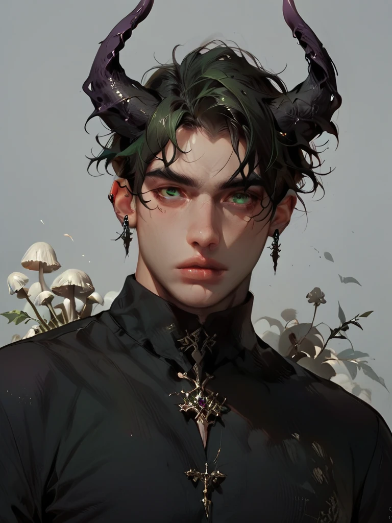 A fallen angel man with sleek black horns curving upward, piercing bright green eyes, and short black hair styled in a mushroom cut. His expression is serious and intense. He is dressed in a long-sleeved, fitted black shirt paired with a dark purple corset that accentuates his elegant yet somber look. He wears tailored black pants, completing his refined yet mysterious appearance. The background is dimly lit, emphasizing his otherworldly and fallen nature