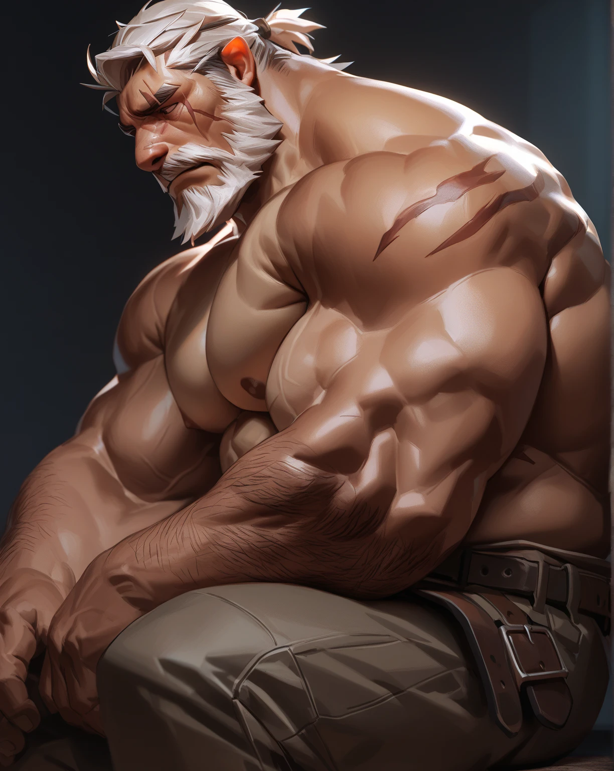 Old man, JP, An award-winning original photo, ( brown skin color), long gray hair, full white beard, A wild muscular old man, (80 years old daddy:1.1), 1boy, Solo, (tanktop), (big shoulders), musculature, stubbles, dark skin, long grey hair, thick grey beard, Detailed face, (evil smile), blue eyes, veins, wrinkles, big old man nose, nose with pronounced bridge and outward curve that protrudes from the base of the nose, dark olive skin color, brown skin, veins, absurdly huge nose, hawk nose, convex nose, well groomed moustache, (flexing his biceps), Dynamic Angle, volumetric lighting, (Best quality, A high resolution, Photorealistic), Cinematic lighting, Masterpiece, RAW photo, Intricate details, hdr, upper body shot