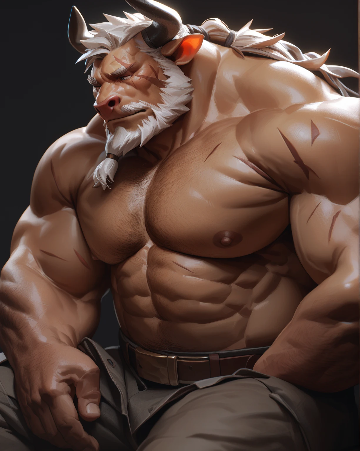 Dwarven Elder fat Glaring face Blue Eyes Short large round nose Age Line In the woods the base of the tree Lying on your back A very long, large, fluffy, bouncy white beard Bouncy mustache Long, wide beard Frowning Deep wrinkles on the face Black leather tank top shirt naked Hairy white body hair hairy chest hair Sweat Anime taste Armpit hair Armpit close up from below