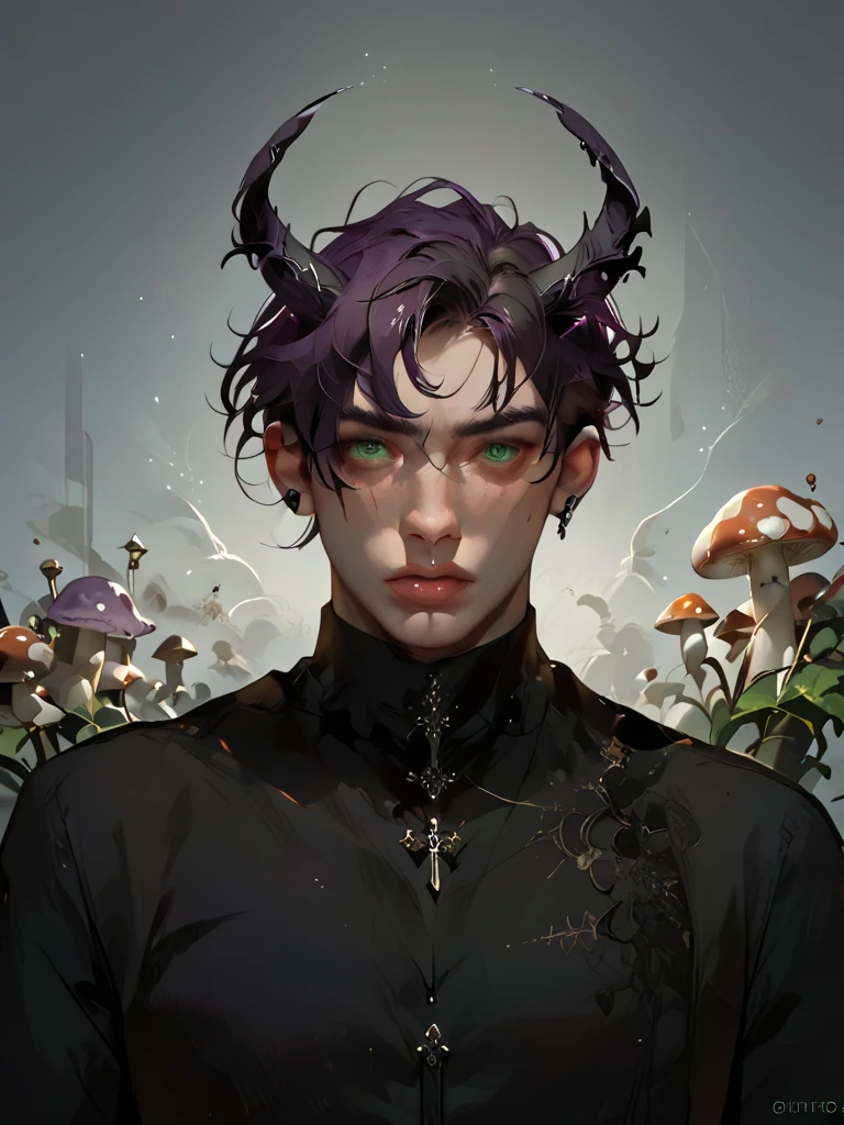 A fallen angel man with sleek black horns curving upward, piercing bright green eyes, and short black hair styled in a mushroom cut. His expression is serious and intense. He is dressed in a long-sleeved, fitted black shirt paired with a dark purple corset that accentuates his elegant yet somber look. He wears tailored black pants, completing his refined yet mysterious appearance. The background is dimly lit, emphasizing his otherworldly and fallen nature