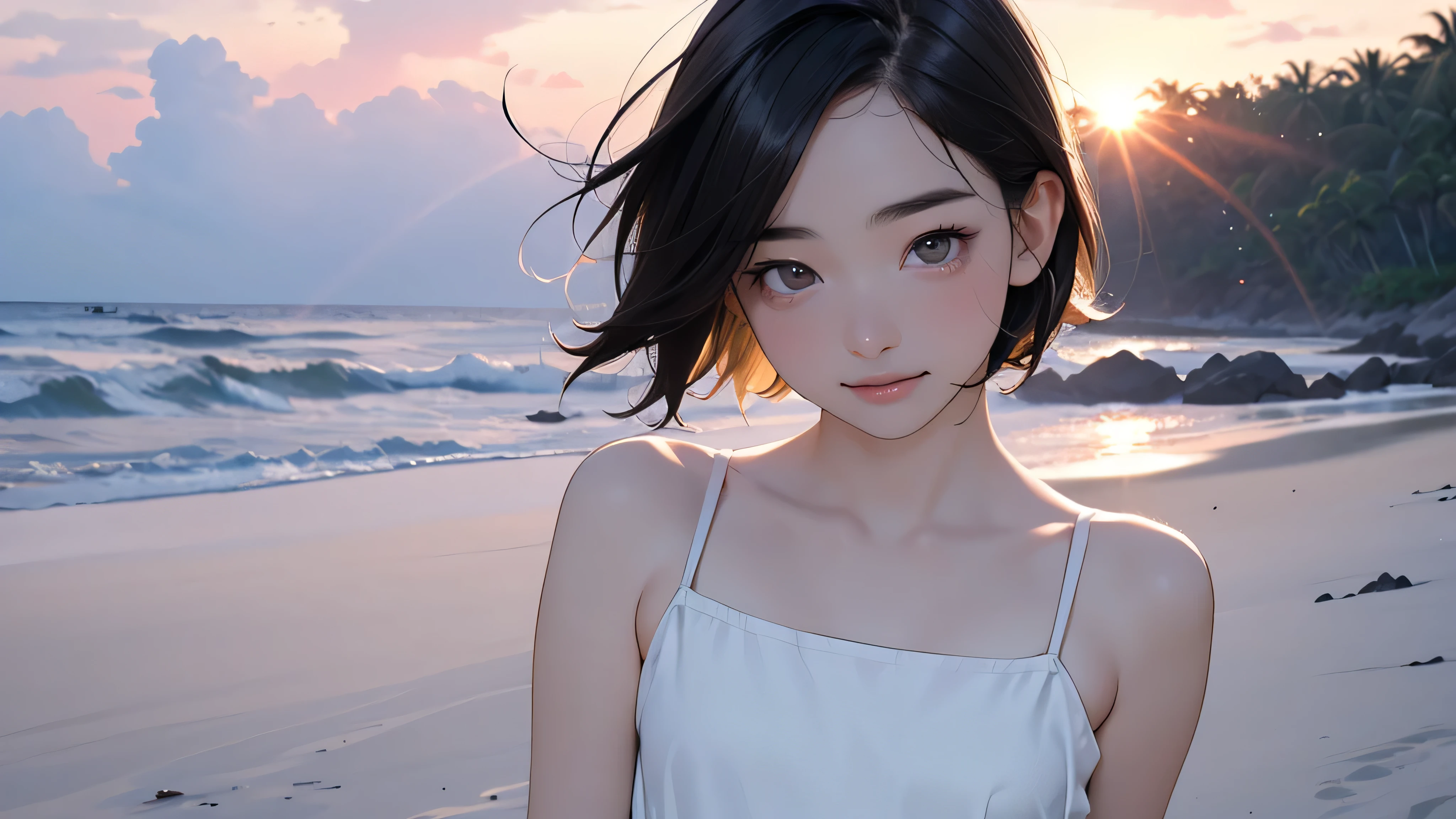 (Solo:1.4),(one girl:1.4), (****ars old:1.4),(Very Young Face),(Japanese famous idol), cute face, ash gray hair:1.5, bob hair, short hair, camera's line of sight, small breasts, An ennui look, (((camisole, dress))) , particles of light, sea of ​​sunset, calm sea, white sand beach, very beautiful sunset, RAW photo, highest quality, High resolution, High resolution, masterpiece:1.3, 8k, 12k, professional photographer,((Extremely precise and accurate anatomy:1.0)),Kind eyes,Graceful pose,(Beauty of form:1.4) Golden ratio, big eye,(nature's providence:1.4),