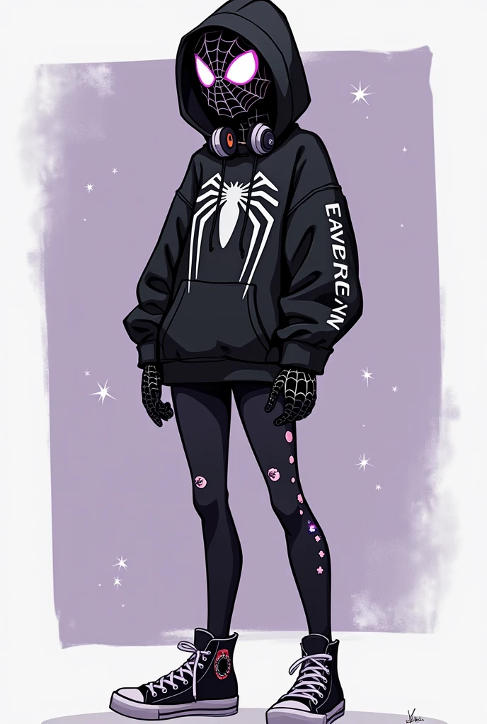 Generate me a basic black suit Spider-Man suit with the normal spider webs but on it was on the sides of a black and the inner sort of belly of the hoodie was Deep purple it had black headphones on the neck of the suit , it also had some white leg warmers and sticker bombed converses the had the grey hood of the suit should be pulled up, It had the spider web pattern on the inside with some random shapes The eyes o the mask were more siren sort of eyes and the suit had a few small randomly placed stars on it Oh and make the suit for a female Also make it in the same art style as “Into the spiderverse”