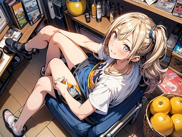 1girl, beautiful face, Latin beauty, straight blonde hair, tanned skin, Ribbon marquee, sitting in a bar watching a soccer match, favela, hand behind body, wearing a yellow shirt of the Brazilian soccer team, Movie scene, cinematic environment, based in Rio de Janeiro, closeup full body