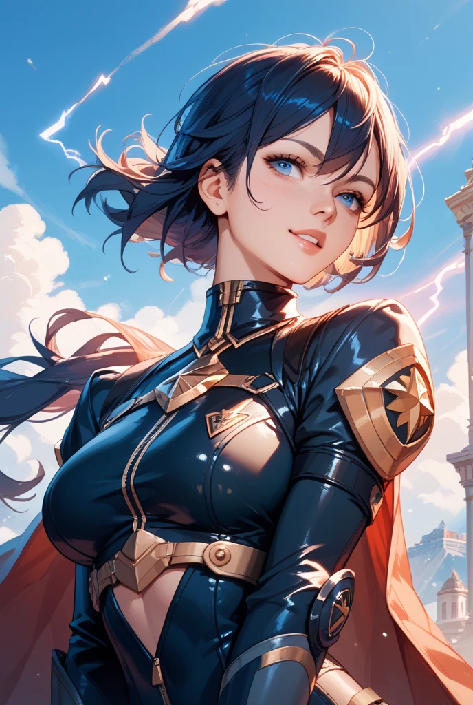 Anime, High-resolution illustrations, unrivaled masterpiece, ultra-realistic 8k CG, perfect artwork, (fidelity: 1.5), night, a mature woman, solo, neck-length hair, short hair, bangs, (vermillion hair), golden eyes glitter with ferocity, voluptuous curves:1.3, (Compressed chest:1.3), the dress is a dark, skin-tight bodysuit with gold-accented spiked armor on the shoulders and chest, featuring a gothic fantasy style, character in the middle, standing, palace, ferocious personality
