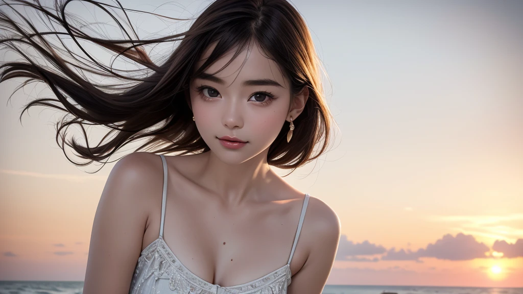 (Solo:1.4),(one girl:1.4), (12years old:1.4),(Very Young Face),(Japanese famous idol), cute face, ash gray hair:1.5, bob hair, short hair, camera's line of sight, small breasts, An ennui look, (((camisole, dress))) , particles of light, sea of ​​sunset, calm sea, white sand beach, very beautiful sunset, RAW photo, highest quality, High resolution, High resolution, masterpiece:1.3, 8k, 12k, professional photographer,((Extremely precise and accurate anatomy:1.0)),Kind eyes,Graceful pose,(Beauty of form:1.4) Golden ratio, big eye,(nature's providence:1.4),