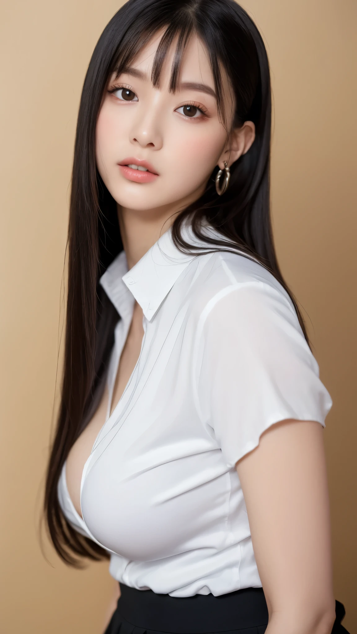 (( best quality , 8k, masterpiece :1.3)), (( Super Big Breasts )), (((whole body)))、 black hair,OL、Office Background、 dull bangs, hair behind the ear , hair hanging over shoulders, long hair, Ultra Fine Face, Thin face, Delicate lips, beautiful eyes, Light blush,Perfect glowing skin, perfect skin,Look here, white Y shirt、 black skirt、I don't wear piercings、 first-person view, Super Details ,