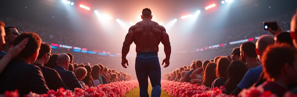 (Man on stage with white t-shirt), ), (mirando a su public,) He lowered his pants and you can see his naked ass., dark brown hair, Stylish and elegant, and strong body t-shirt, Man similar to actor Will smith, (Realistic and high quality image), background full of people, public, unfocused